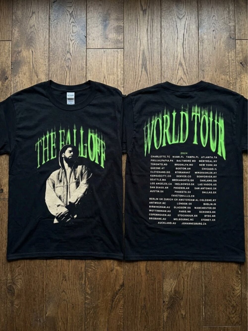 J Cole The Fall Off World Tour Neon Face Dates Two Sided T Shirt Unisex Reprint